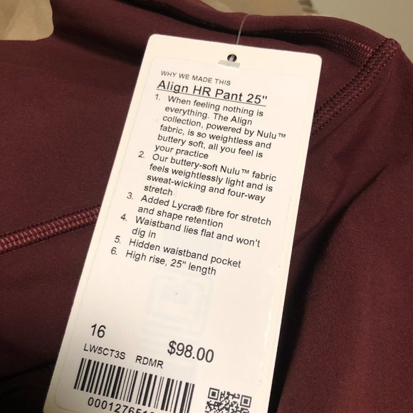 NWT lululemon Align HR Pant 25. Sizes 12 and 16. Red Merlot. - Picture 7 of 8